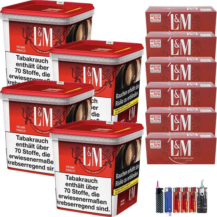 L&M Tabak Red 4 x Mega Box mit 1500 Extra Size Hülsen