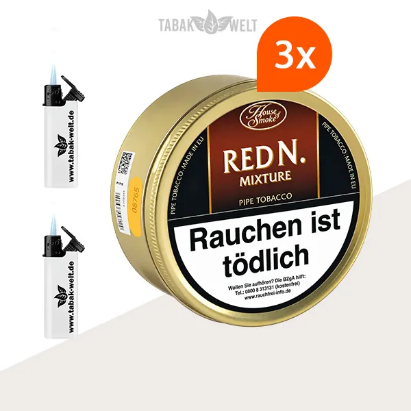 House of Smoke Red N. Mixture Pfeifentabak – 3 x Dose mit Feuerzeugen