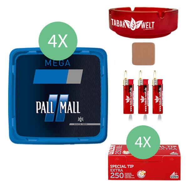 4 x pall mall blau volumentabak mit 1000 gizeh special tip extra hülsen
