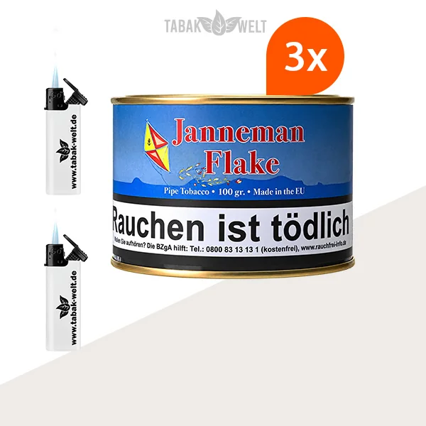 HU Tobacco Janneman Flake Pfeifentabak – 3 Dosen mit Feuerzeugen im Set