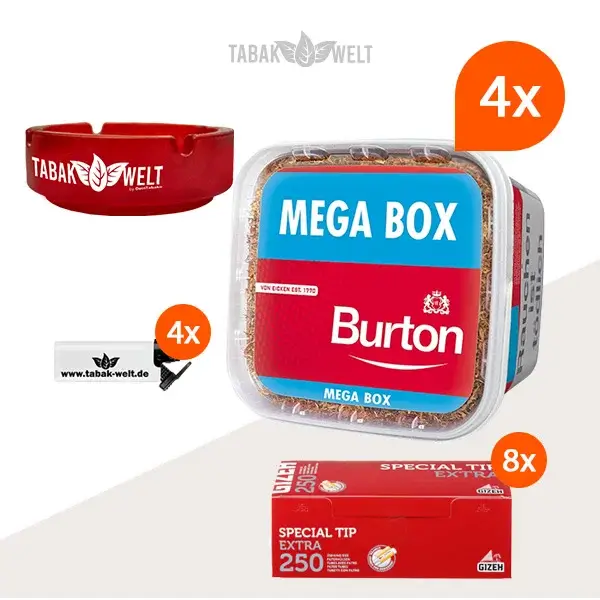 burton-red-volumentabak-4x-mega-box-mit-2000-special-tips-extra-huelsen-und-aschenbecher