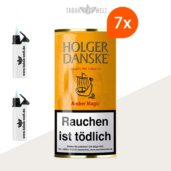Holger Danske Amber Magic Pfeifentabak im 7er-Pouch-Pack mit Feuerzeugen