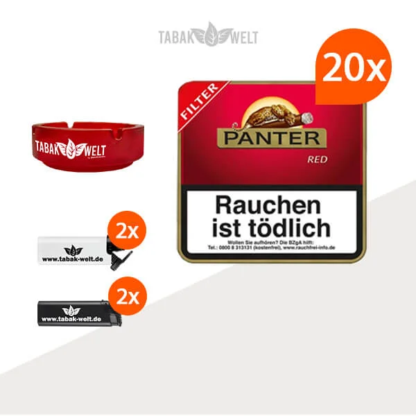 20X Panter Red Filter 20er Zigarillos mit Feuerzeuge und Glas Aschenbecher 20X Panter Red Filter 20er Zigarillos mit Feuerzeuge und Glas Aschenbecher