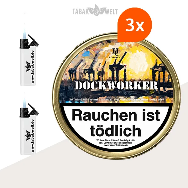 HU Tobacco Dockworker Flake Pfeifentabak 3 Dosen mit Feuerzeugen