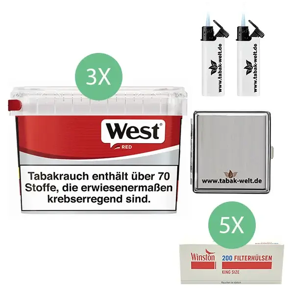 West Tabak Red 3 x Mega Box mit 1000 King Size Hülsen, Metall Etui