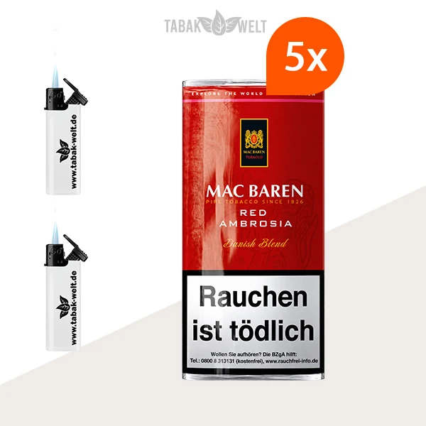 Mac Baren Red Ambrosia Pfeifentabak – 5 Pouches mit Feuerzeugen