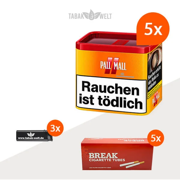 Fünf Dosen Pall Mall Allround Red Volumentabak mit 1.000 Filterhülsen und Feuerzeugen
