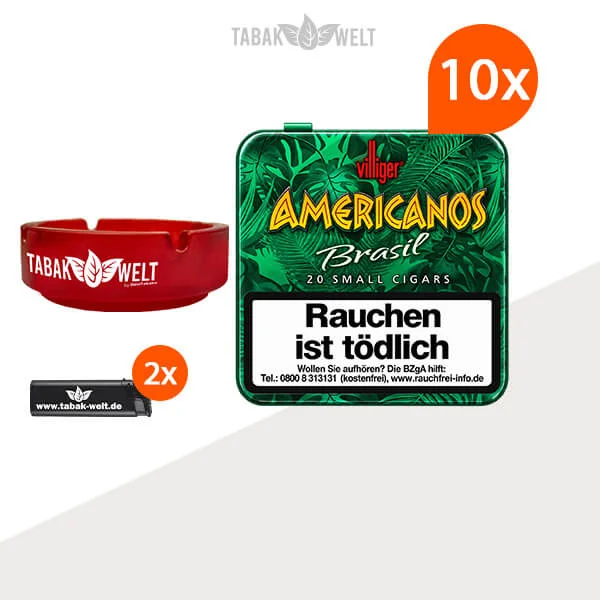 10x Villiger Americanos Brasil Zigarillos ohne Filter mit Glas-Aschenbecher und Feuerzeugen