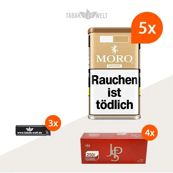 Moro Authentic Feinschnitt Tabak 5x Vorratsdose mit 1000 Special Size Hülsen und Feuerzeugen