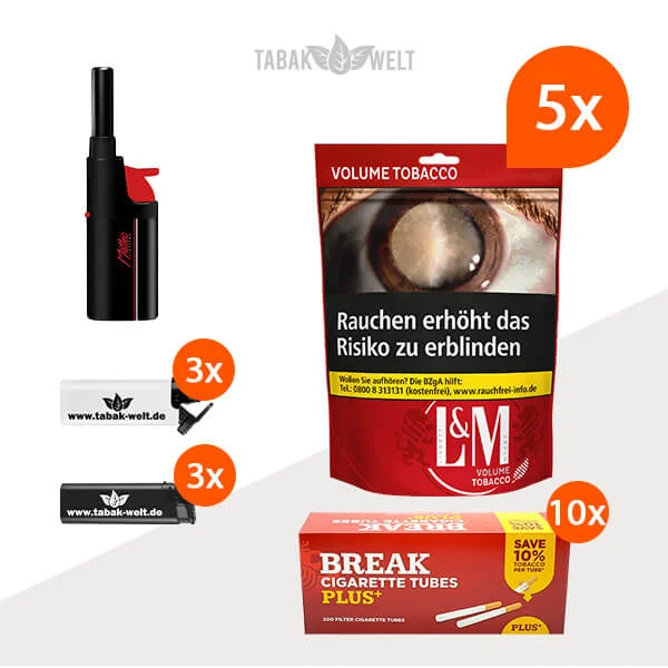 l-m-red-volumentabak-5x-beutel-mit-2000-filterhuelsen-und-feuerzeugen