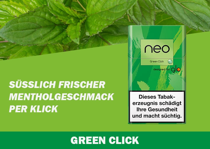 Die neo Sticks green Tobacco auf gruenem Hintergrund mit Minze am oberen Bildrand
