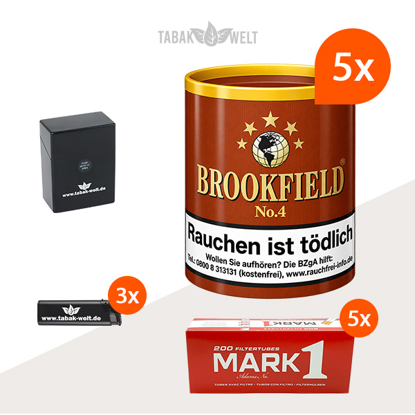 Brookfield No. 4 Pfeifentabak 5er-Set mit 1.000 Filterhülsen und Etui