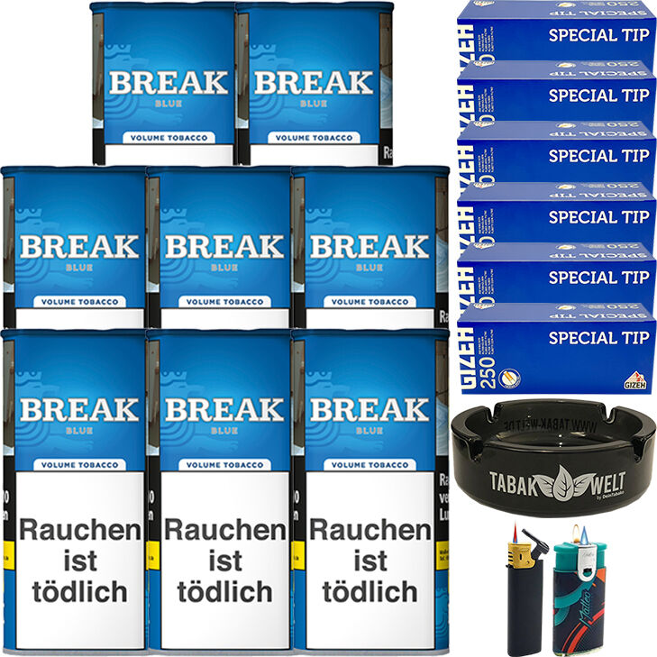 Break Volumentabak Blue / Blau 8 x Dose mit 1500 Gizeh Special Tip King Size Filterhülsen