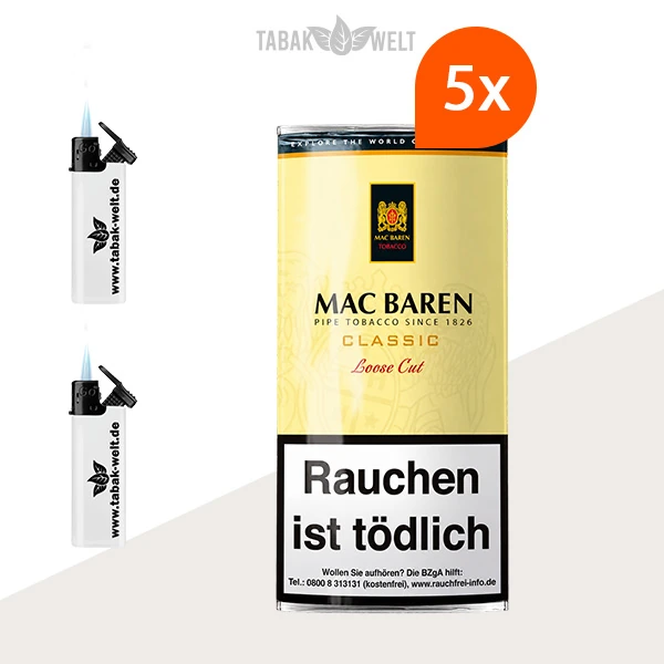Mac Baren Classic Loose Cut Pfeifentabak – 5x Pouch mit Feuerzeugen