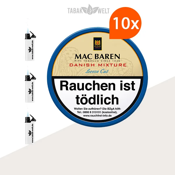 Mac Baren Danish Mixture Pfeifentabak 10er-Dosen-Set mit Feuerzeugen