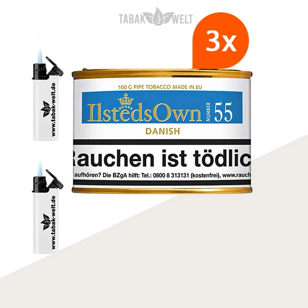 Ilsted Own Mixture No. 55 Pfeifentabak 3er-Dosenpackung mit Feuerzeugen