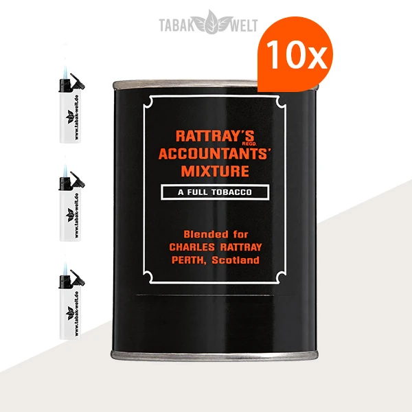Rattray’s British Selection Accountant’s Mixture Pfeifentabak, 10er-Box mit Feuerzeugen