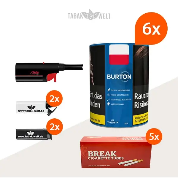 Burton Blue Feinschnitt-Tabak 6x Dose mit 1000 King Size Hülsen und Stabfeuerzeug