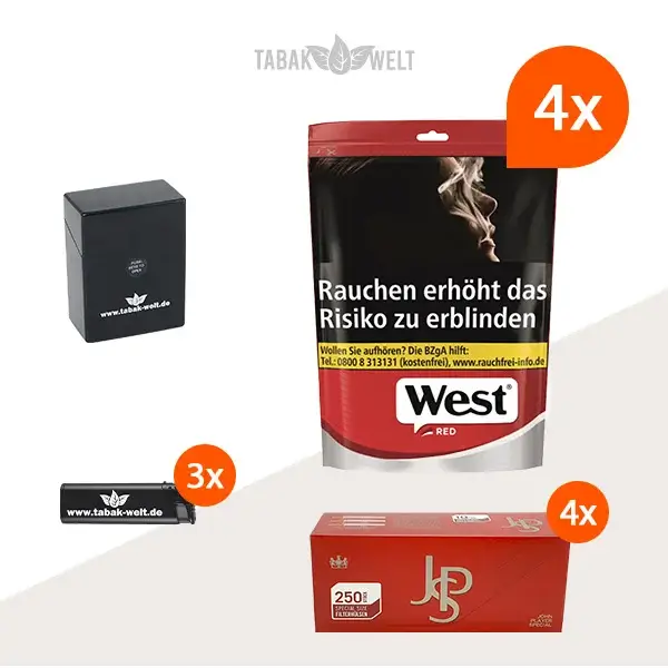 west-red-volumentabak-4x-beutel-mit-feuerzeugen-und-1000-filterhuelsen