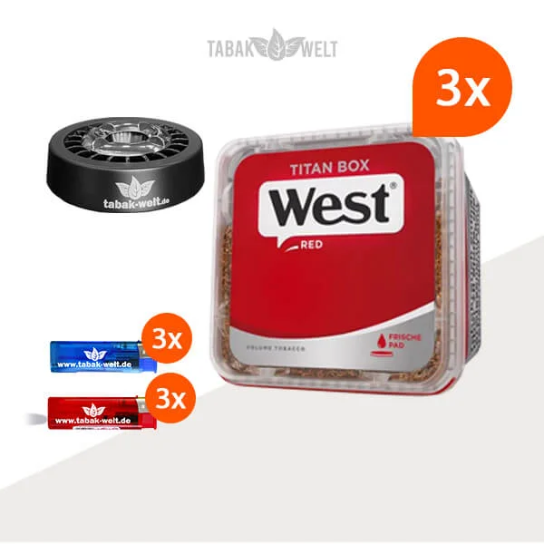 West Red Volumentabak 3x Titan Box mit Roulette Aschenbecher