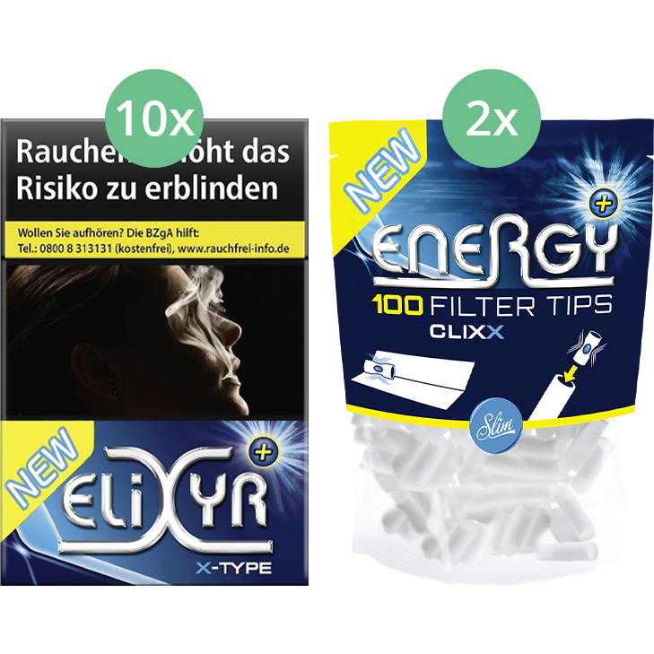 Elixyr Plus X-Type Zigaretten 8 x 23 + 200 Energy Filter Tips Clixx