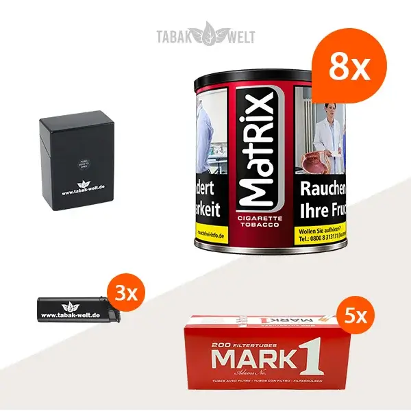 Matrix Red Feinschnitt Tabak, 8 Dosen mit 1000 King Size Hülsen und Etui