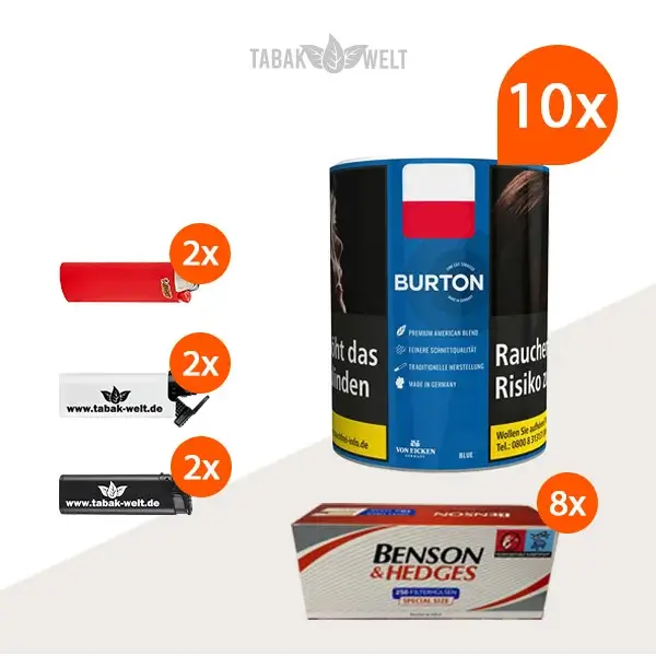 Burton Blue Feinschnitt-Tabak 10x Dose mit 2000 Special Size Hülsen