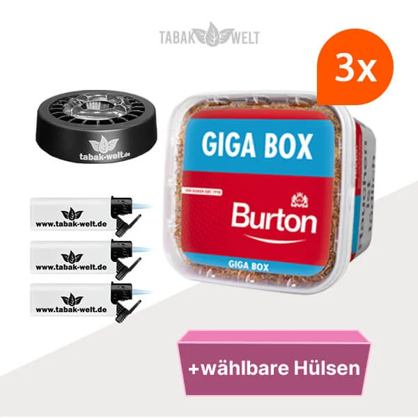 Burton Volumentabak Red 3 x Giga Box mit wählbaren Hülsen und Roulette Aschenbecher Burton Volumentabak Red 3 x Giga Box mit wählbaren Hülsen und Roulette Aschenbecher