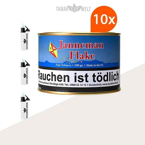 HU Tobacco Janneman Flake Pfeifentabak – 10 Dosen mit Feuerzeugen im Set
