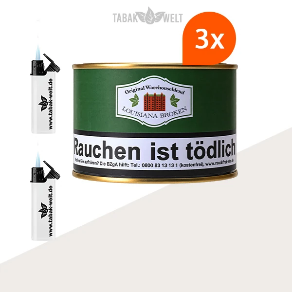 HU Tobacco Louisiana Broken Pfeifentabak – 3 Dosen mit Feuerzeugen im Set