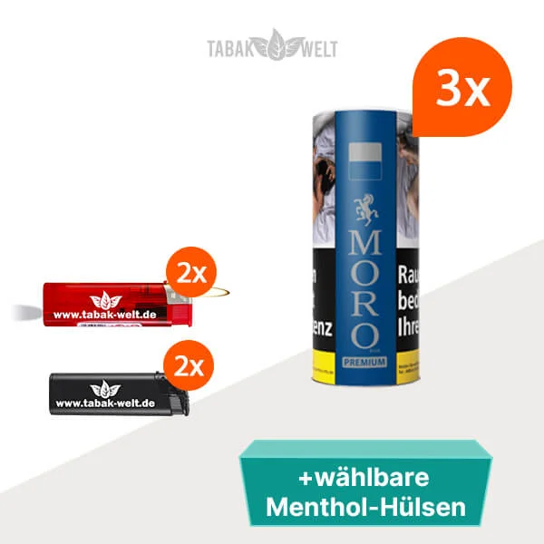 Moro Premium Volumentabak Blau 3x Vorratsdose mit wählbaren Menthol Hülsen
