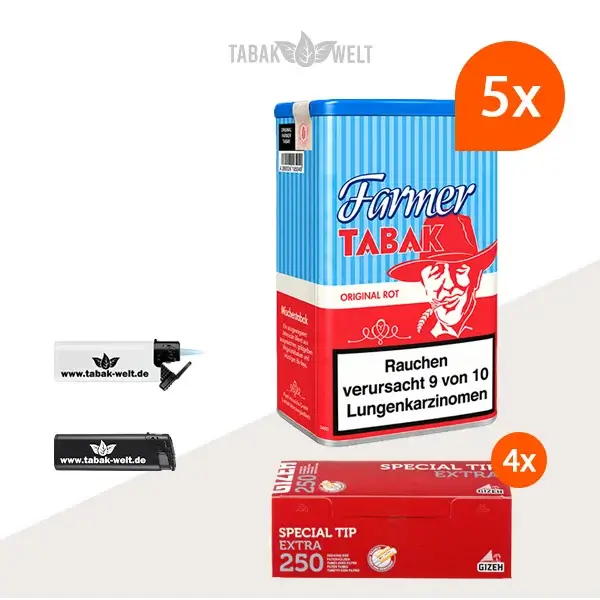 Farmer Rot Pfeifentabak 5x Dose mit 1000 Special Tip Extra Hülsen