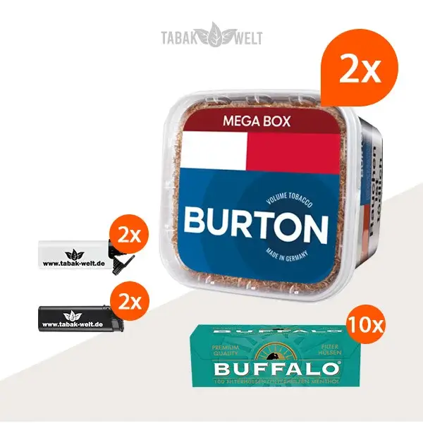 Burton Blue Volumentabak 2x Mega Box mit 1000 Menthol Hülsen und Sturmfeuerzeugen 