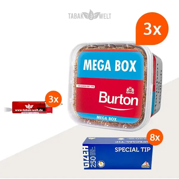 burton-red-volumentabak-3x-mega-box-mit-2000-special-tip-king-size-huelsen-led-feuerzeugen