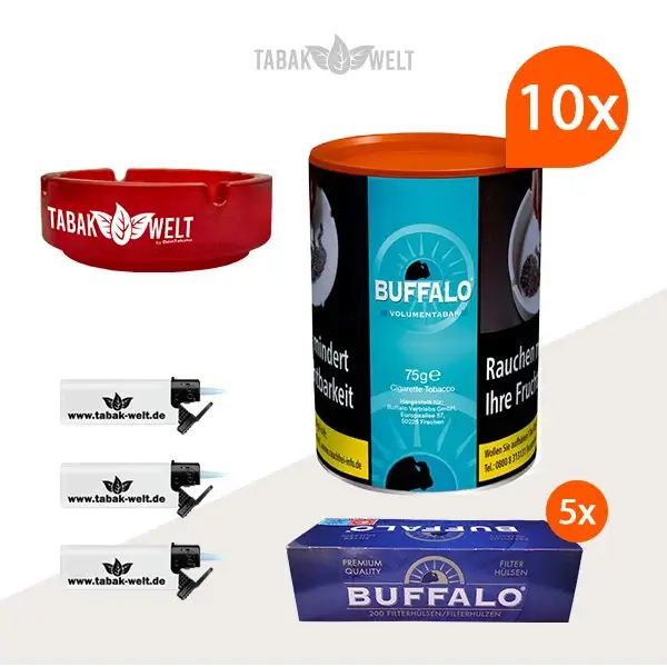 buffalo-blue-volumentabak-10x-dose-mit-1000-filterhuelsen-und-glas-aschenbecher buffalo-blue-volumentabak-10x-dose-mit-1000-filterhuelsen-und-glas-aschenbecher