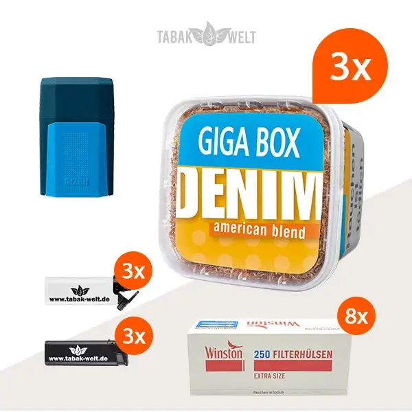 Denim Blend Volumentabak 3x Giga Box mit 2000 Extra Size Hülsen und Etui