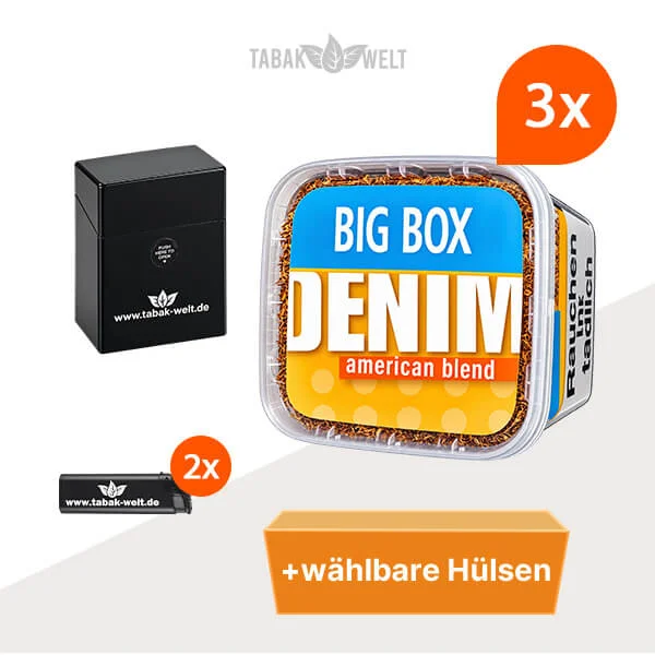 Denim Tabak, 3 Big Boxen mit wählbaren Filterhülsen und Etui
