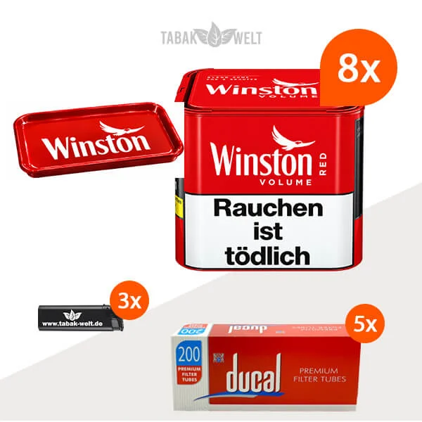 Winston Red Volumentabak S 8 x Dose mit 1000 King Size Filterhülsen