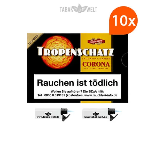 10x-tropenschatz-sumatra-corona-no.-421-f-cigarren-mit-sturm-feuerzeuge