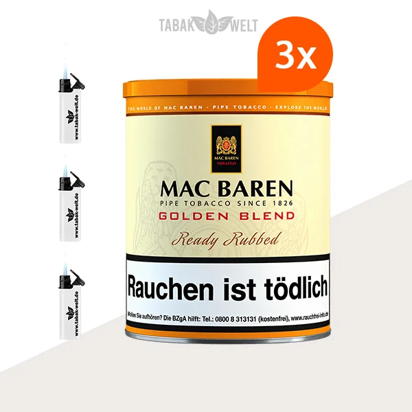 Mac Baren Golden Blend Pfeifentabak im 3er-Set mit großen Dosen inklusive Feuerzeugen.