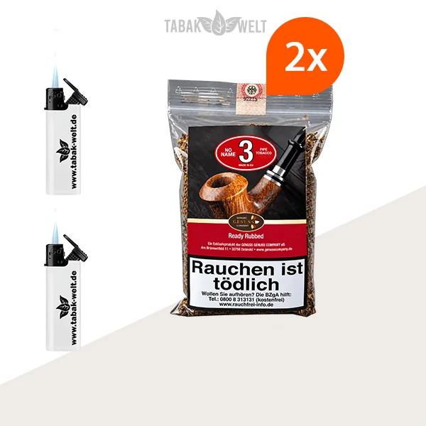 No Name No. 3 Ready Rubbed Pfeifentabak – 2 Beutel mit Sturmfeuerzeugen