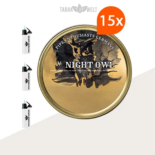 HU Tobacco Night Owl Pfeifentabak – 15 Dosen mit Feuerzeugen