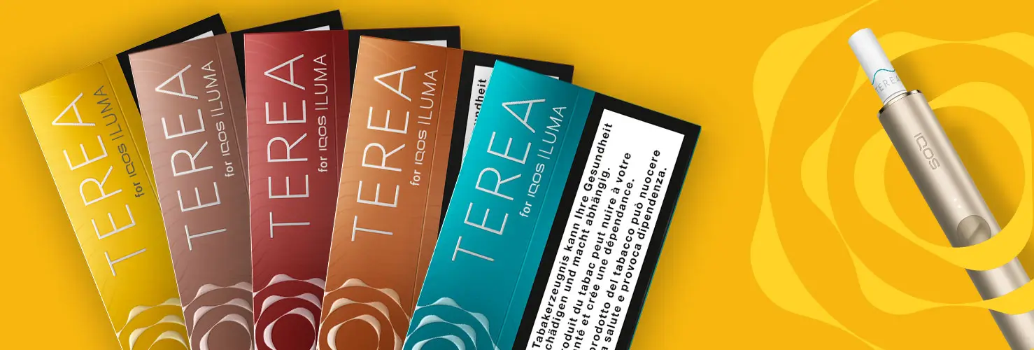 5 Packungen der Terea STicks auf einem gelben Hintergrund