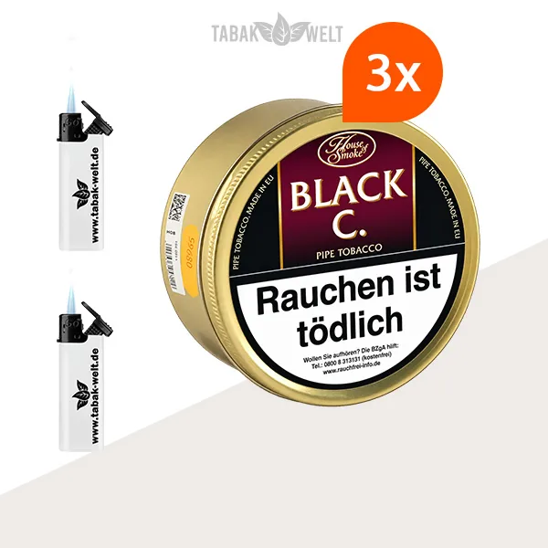 House of Smoke Black C. Pfeifentabak – 3 x Dose mit Feuerzeugen