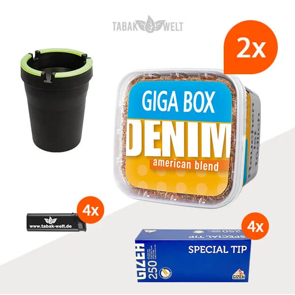 Denim Blend Volumentabak 2x Giga Box mit 1000 Special Tip Hülsen und Aschenbecher