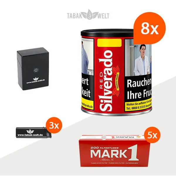 Silverado Red Cigarette Tobacco Wide Cut 8er-Pack mit acht Dosen, 1.000 King Size Hülsen und Etui