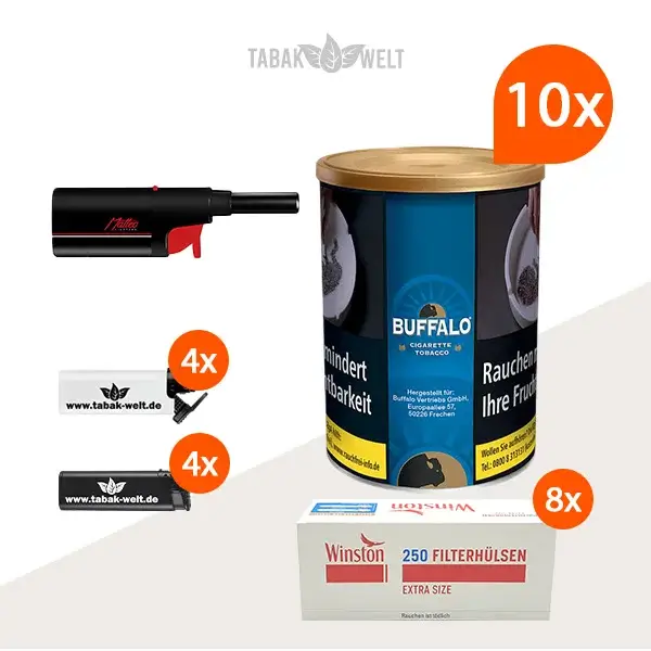 Buffalo Blau Feinschnitttabak 10x Dose mit 2000 Extra Size Hülsen 