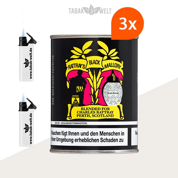 Rattray’s British Selection Black Mallory Pfeifentabak – 3er-Box mit Feuerzeugen