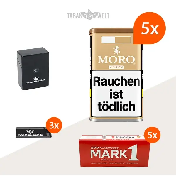 Moro Authentic Feinschnitt Tabak, 5 Vorratsdosen mit 1000 King Size Hülsen und Etui