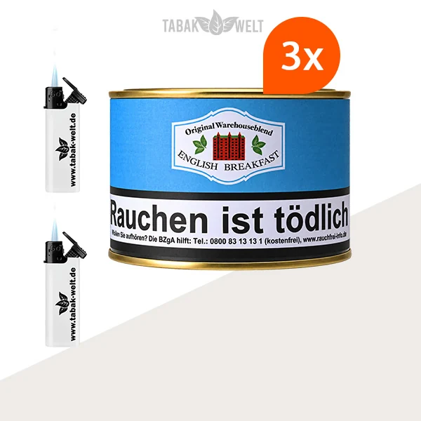 HU Tobacco English Breakfast Pfeifentabak, 3 Dosen mit Feuerzeugen